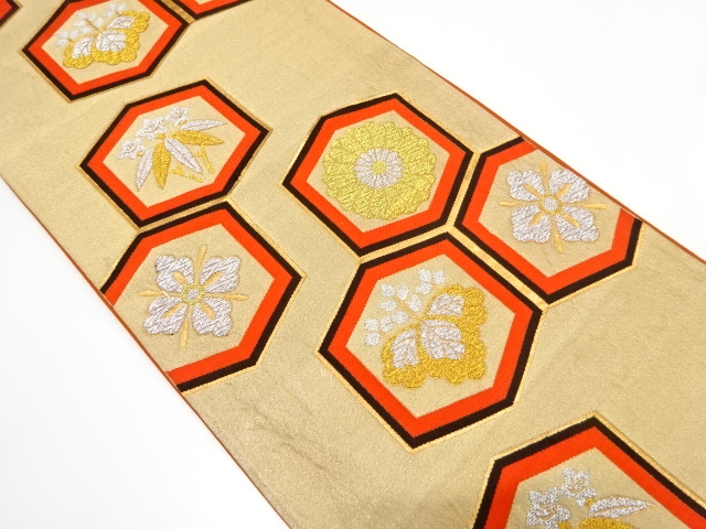 アンティーク　亀甲に菊・桐・花菱模様織り出し袋帯（着用可）